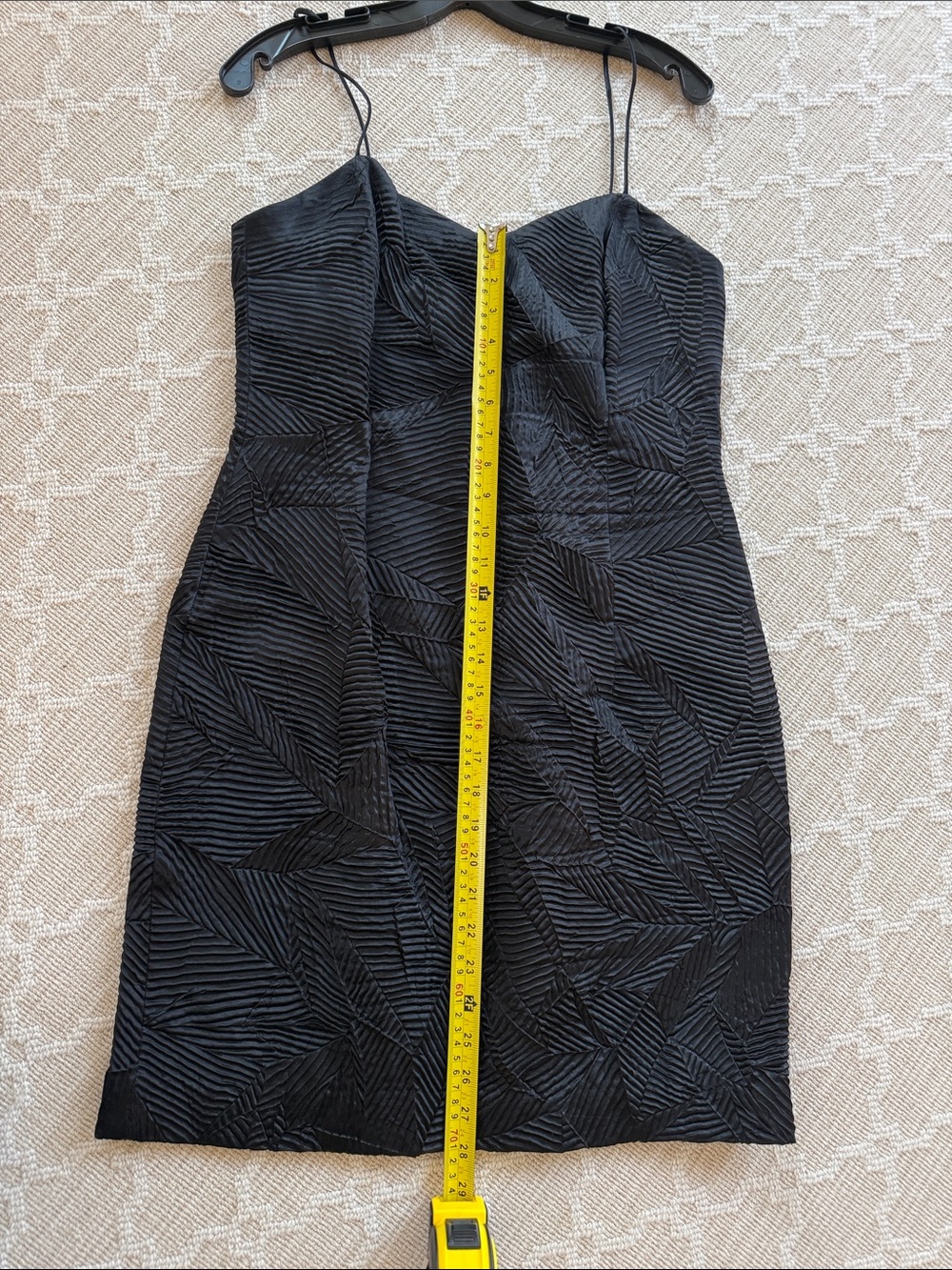Black Textured Mini Dress with Spaghetti Straps w overcoat